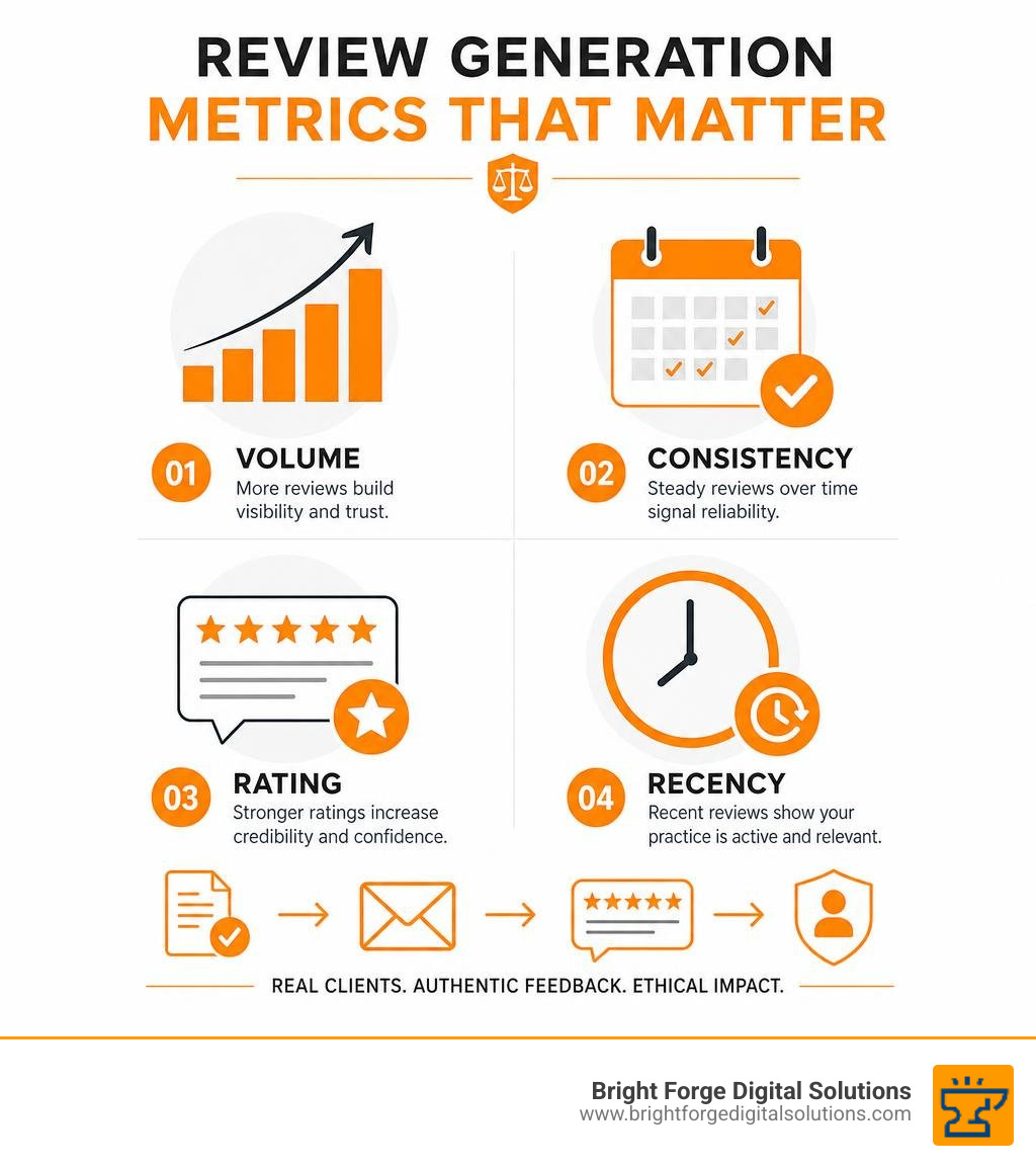 review generation metrics: volume, consistency, rating, and recency infographic