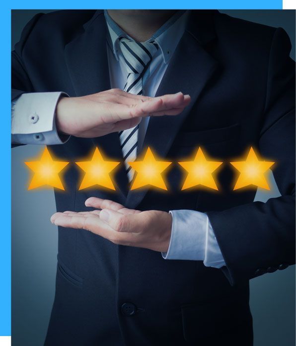 Client review prompt on smartphone showing five stars for legal practice