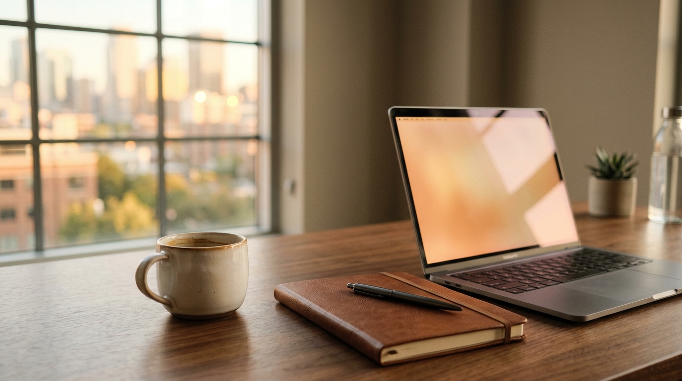 Laptop, notebook, and coffee mug on a law office desk lit by warm evening light
