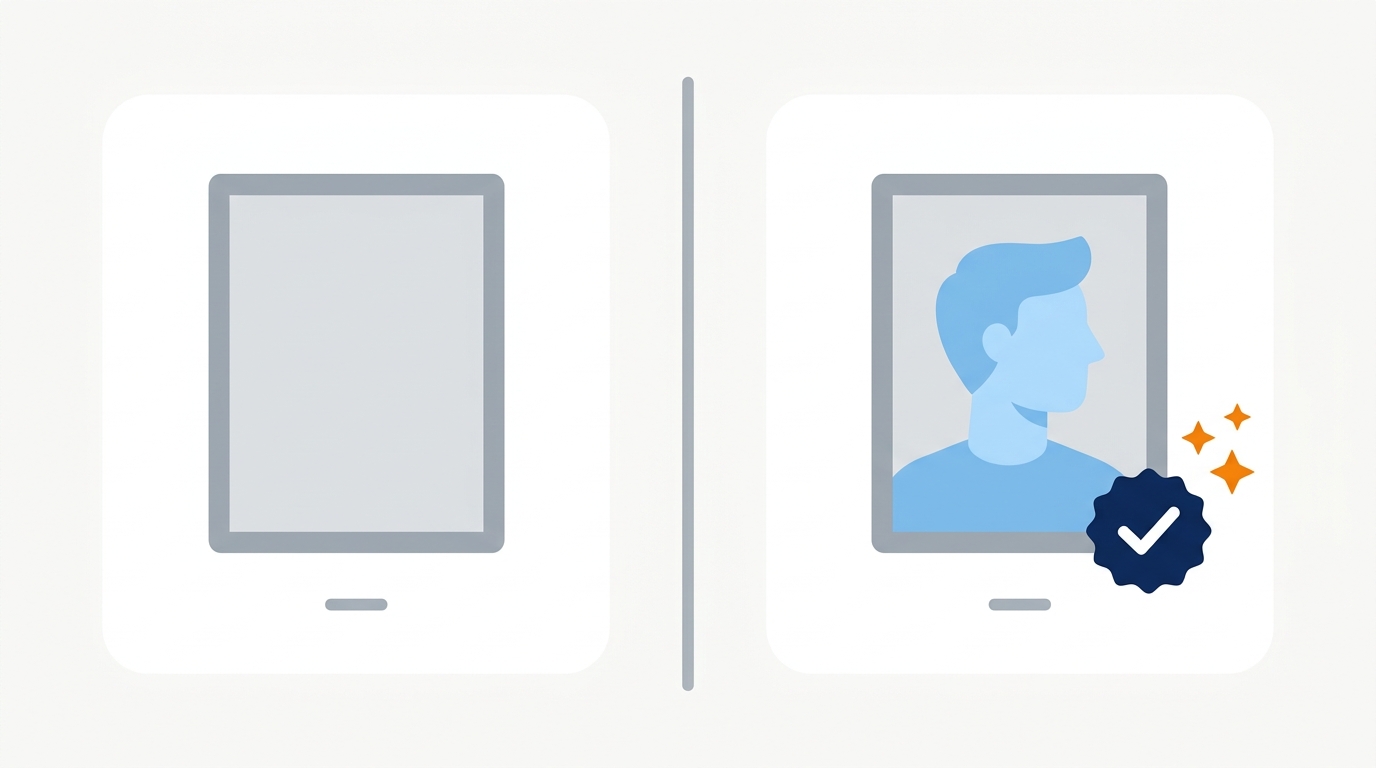 Illustration comparing a blank unclaimed profile panel with a completed claimed profile panel marked with a check