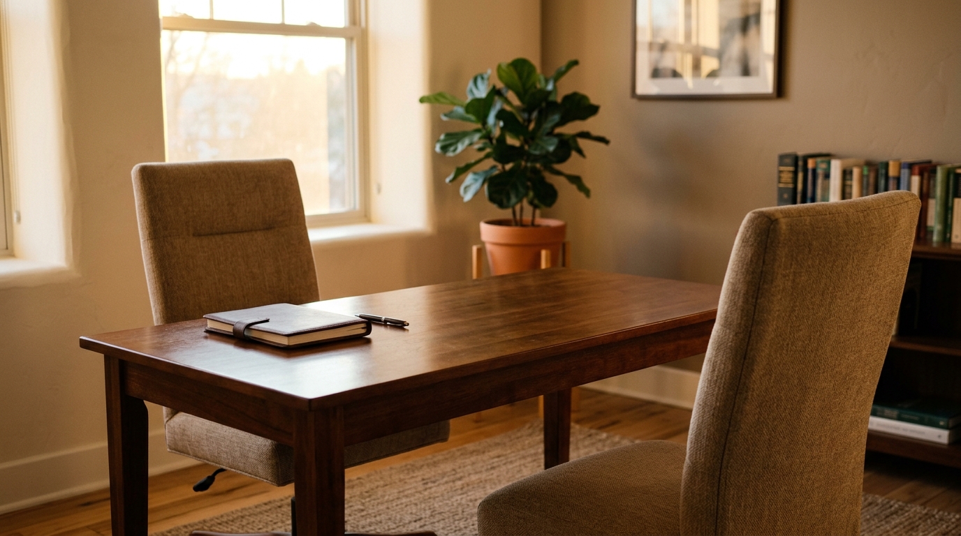 Photograph of an empty law office consultation room with a desk, two chairs and a notebook in afternoon light