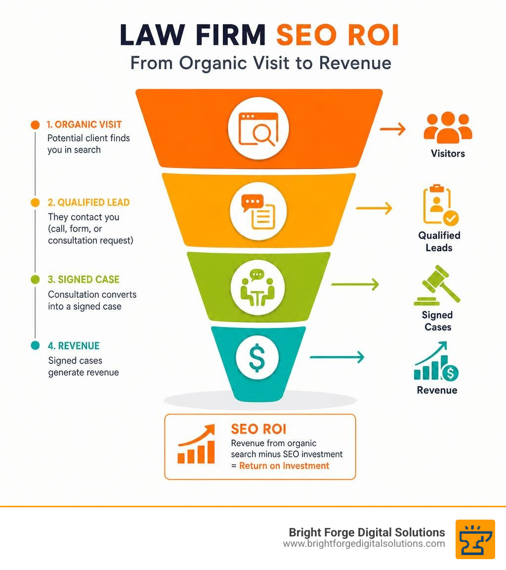 Law firm SEO ROI funnel from organic visit to qualified lead signed case and revenue infographic