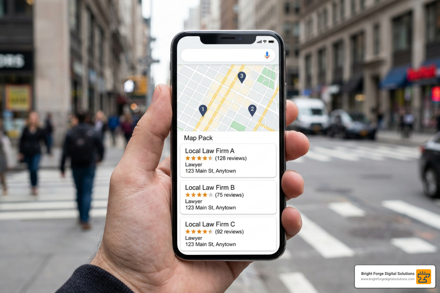Local Google Map Pack search results showing top law firm ratings and reviews