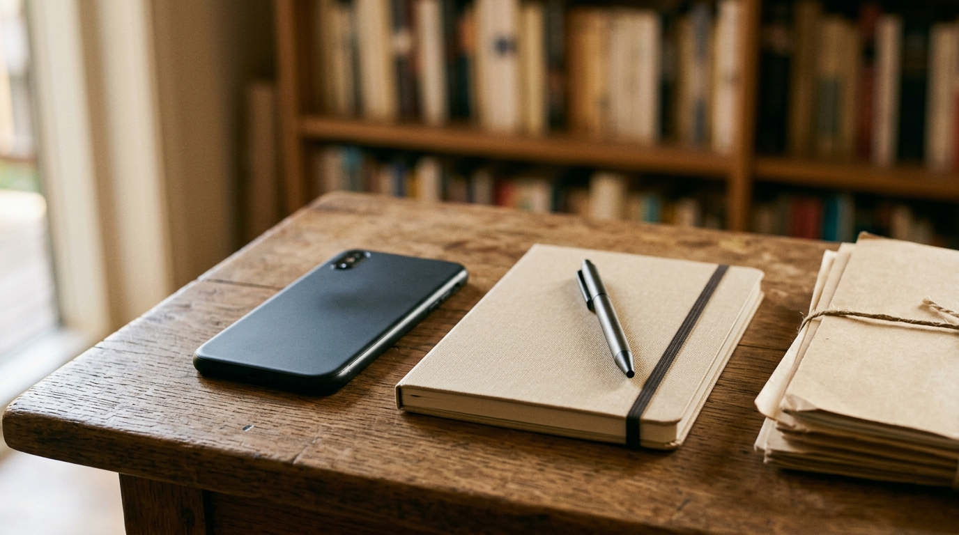 Smartphone face down on a wooden desk beside a closed notepad and a stack of manila folders