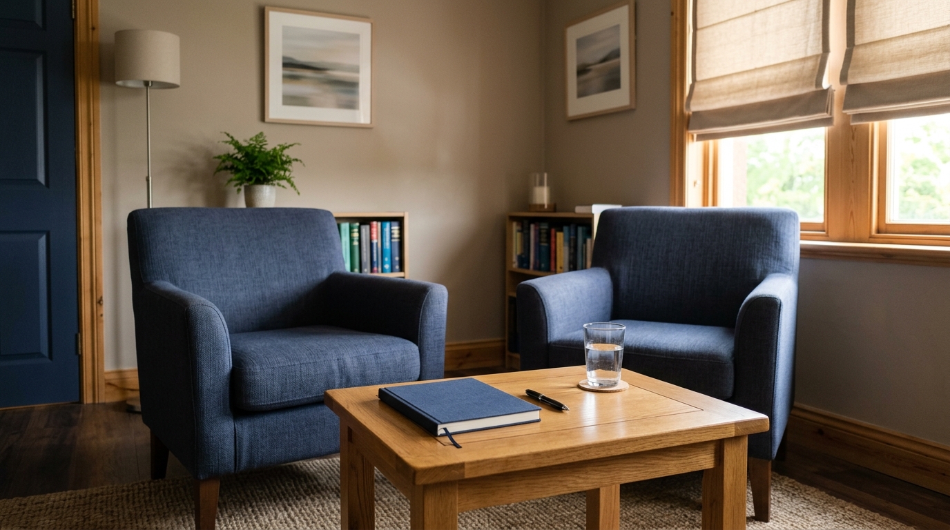 Empty consultation room with two chairs facing each other across a low table in soft daylight