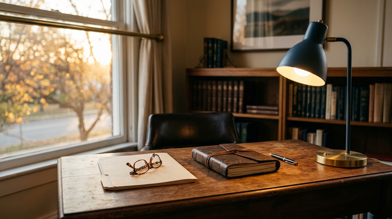 An empty law office desk with a closed leather notebook, reading glasses, and a manila folder under a navy desk lamp at golden hour