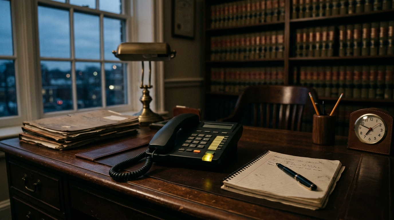 A lit-up desk phone in a law office after hours