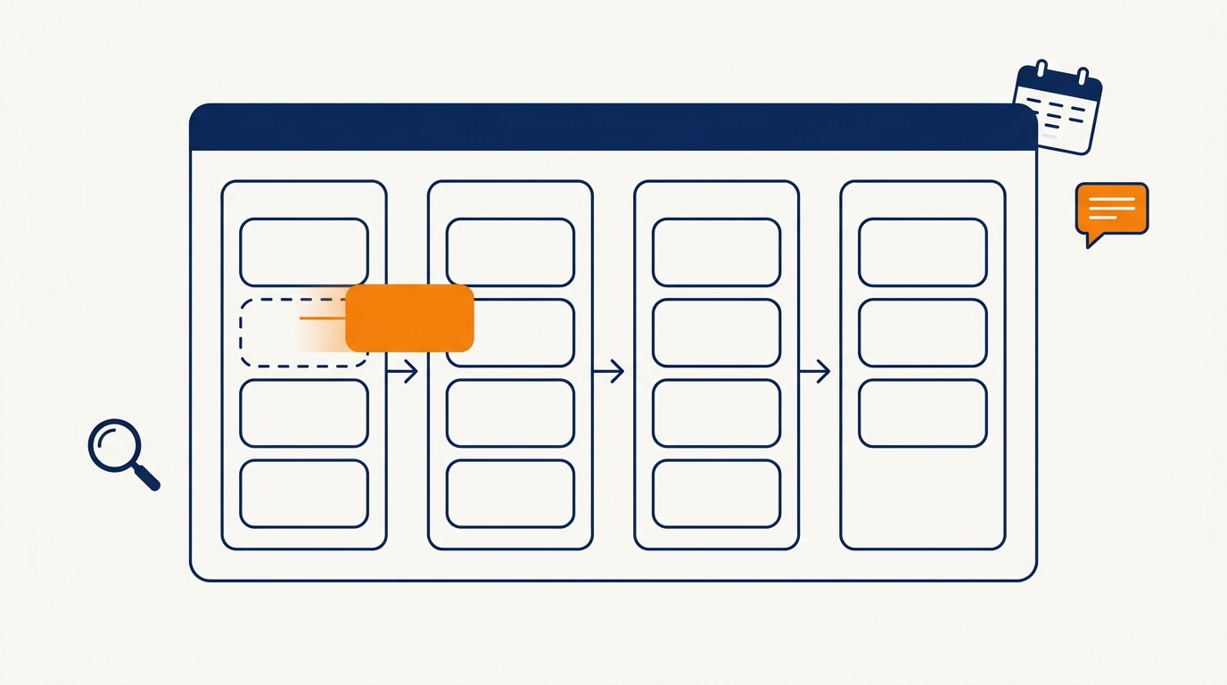Illustration of a legal CRM pipeline board with inquiry cards moving between stages, alongside calendar, chat and search icons