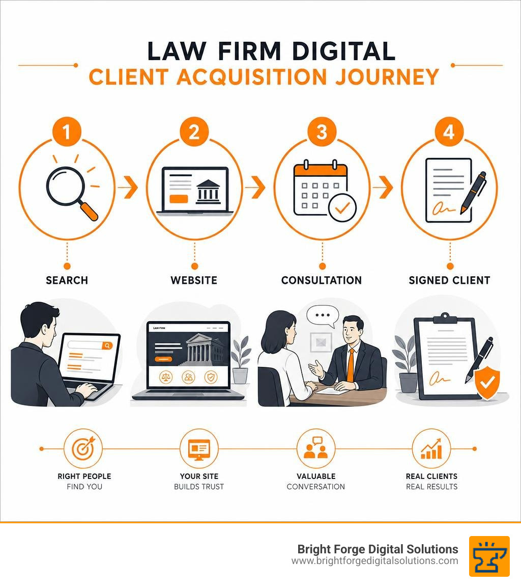 Law firm digital client acquisition journey: search, website, consultation, signed client infographic