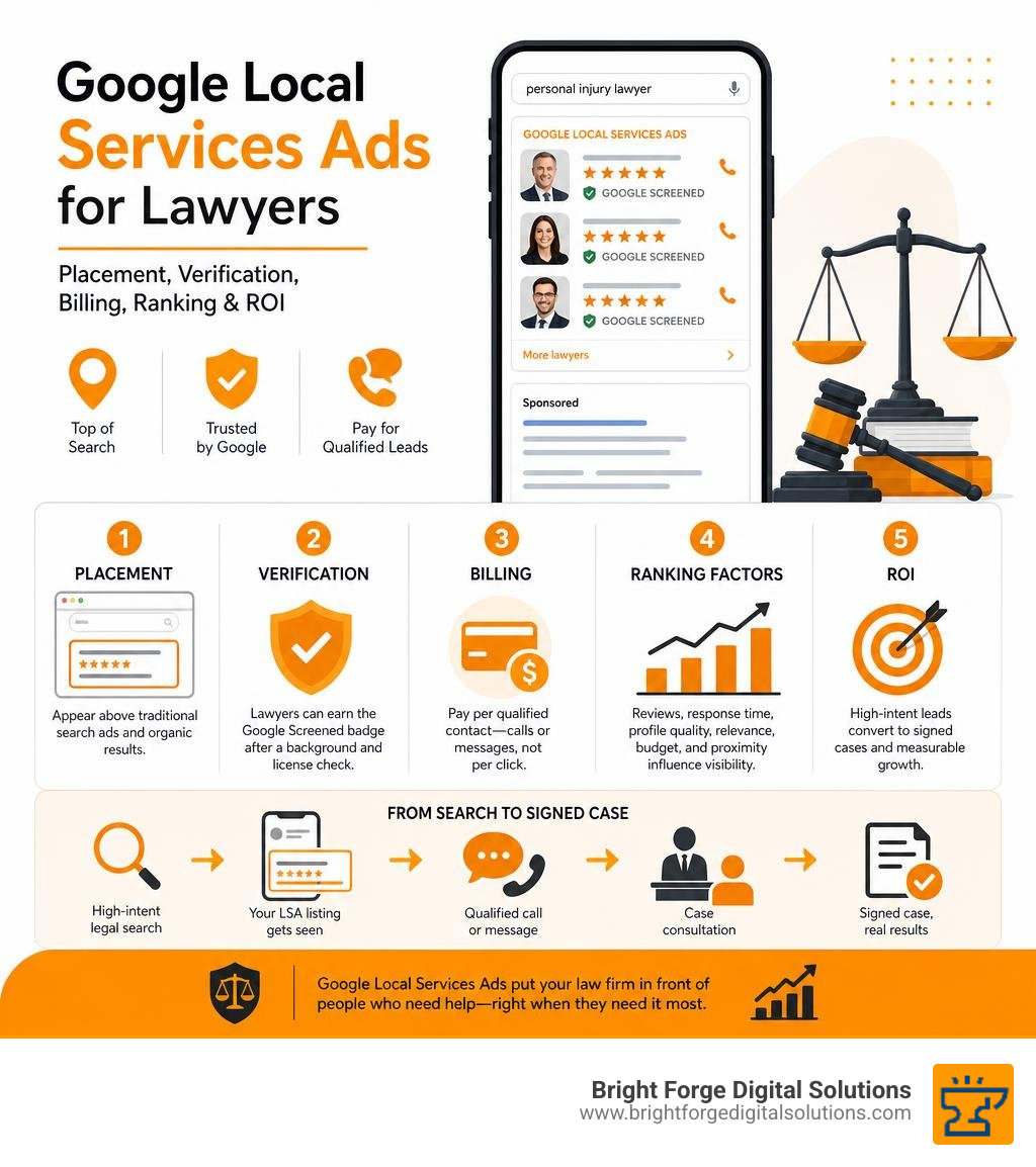 Google Local Services Ads for lawyers: placement, verification, billing, ranking, and ROI infographic