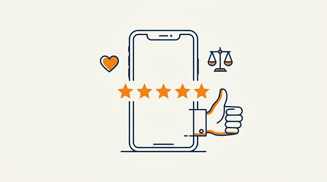 Illustration of a smartphone showing five stars next to a thumbs-up, a heart, and scales of justice