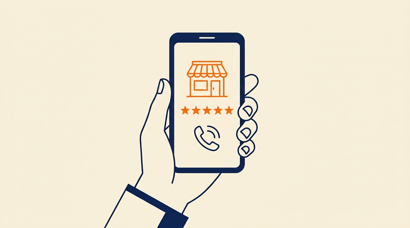 Line illustration of a hand holding a phone showing a storefront, five stars, and a phone icon