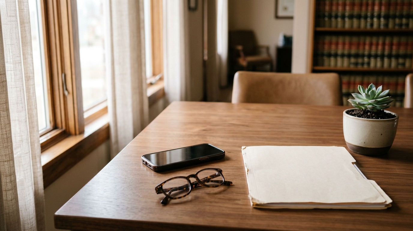 Law office conference table with a face-down smartphone, reading glasses, and a file folder, representing a quiet automated review follow-up