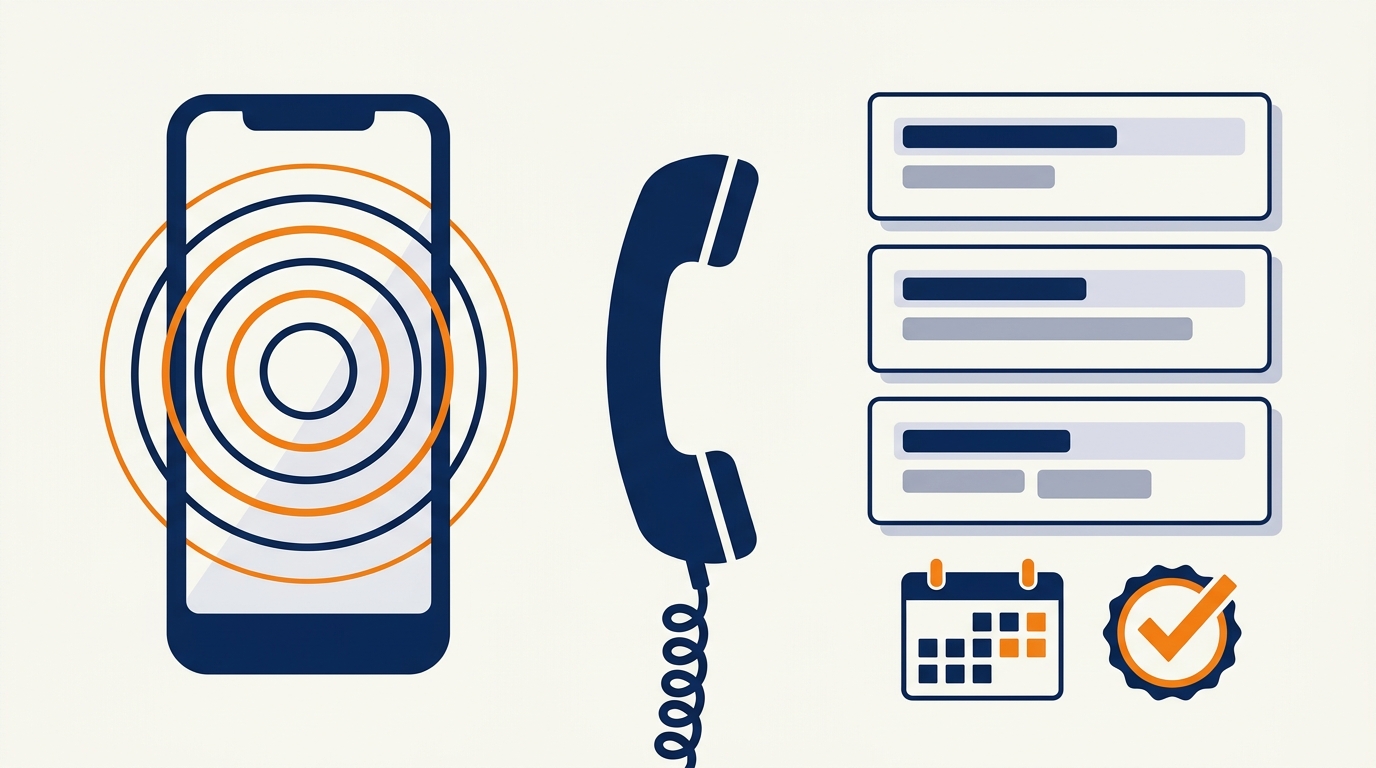 Illustration of an incoming call on a phone beside a stack of intake cards, a calendar and a completed-check badge