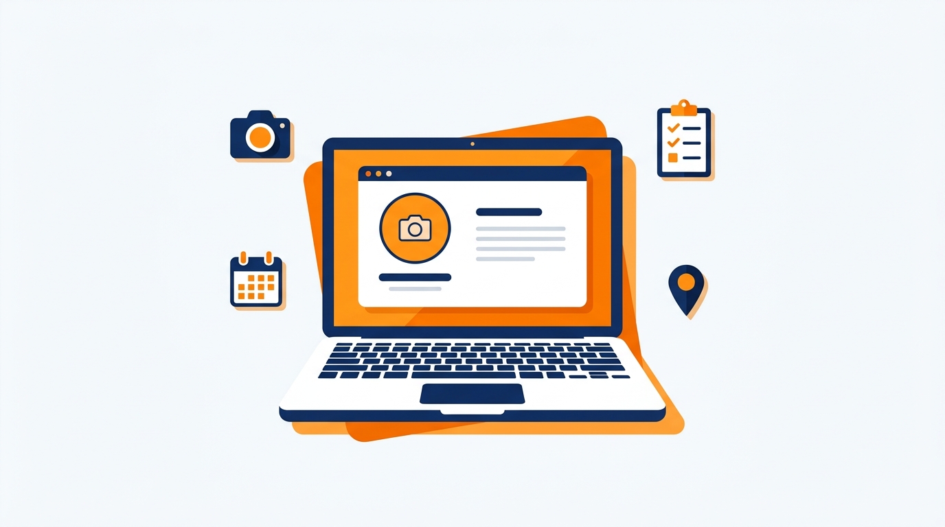 Flat vector illustration of a laptop showing an attorney profile card surrounded by camera, calendar, checklist and location icons