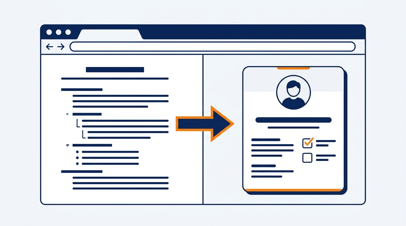 Side-by-side comparison of an attorney bio before and after a rewrite: stiff document on the left, friendly profile card on the right with an arrow between them
