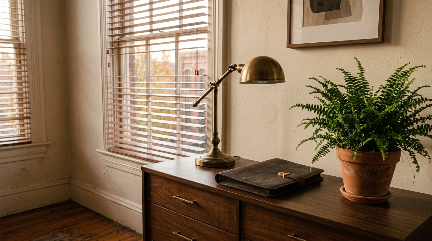 Wooden credenza with a brass desk lamp, a closed leather portfolio and a potted fern beside a window with blinds in a small office