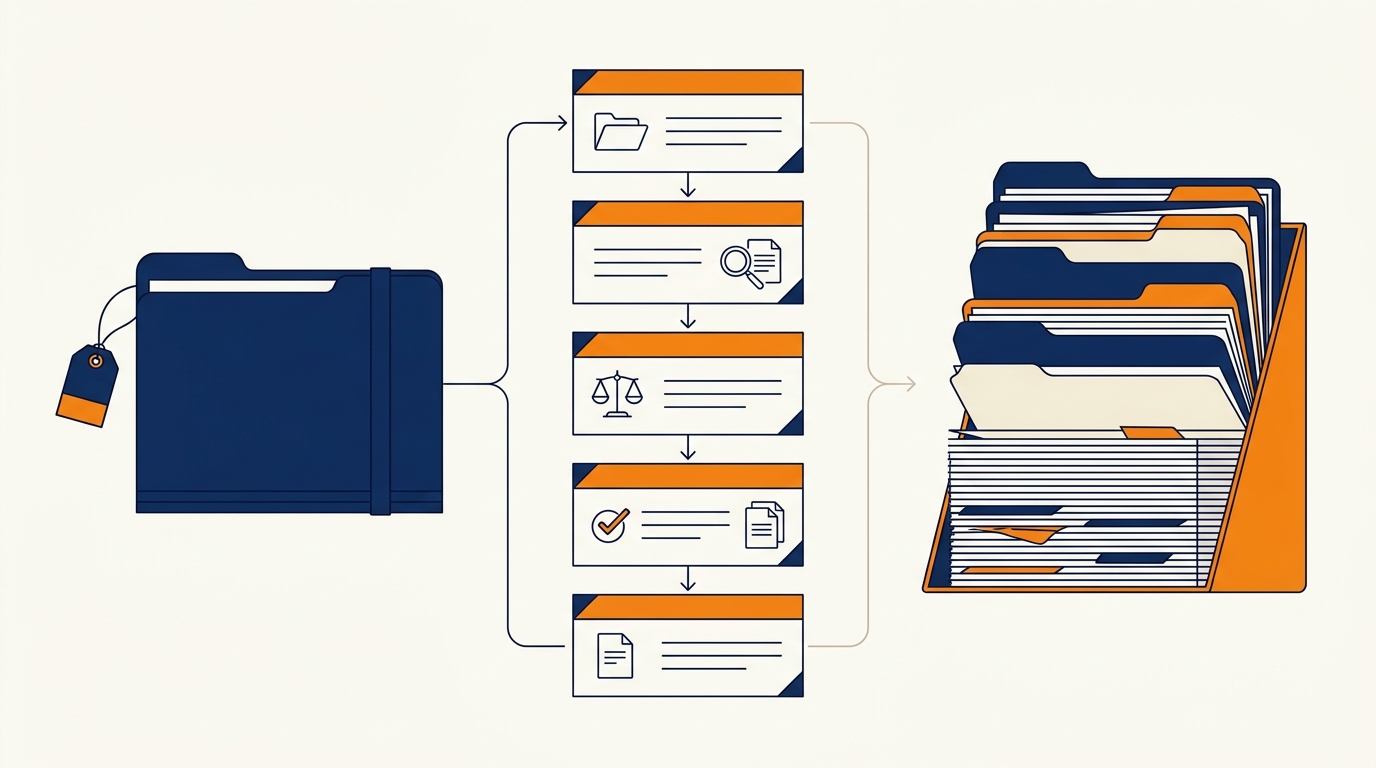 Illustration of a single case file becoming a staged case workflow and then an organized document set