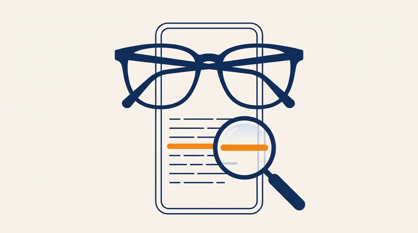Illustration of eyeglasses over a phone screen with abstract placeholder text lines, one highlighted in orange