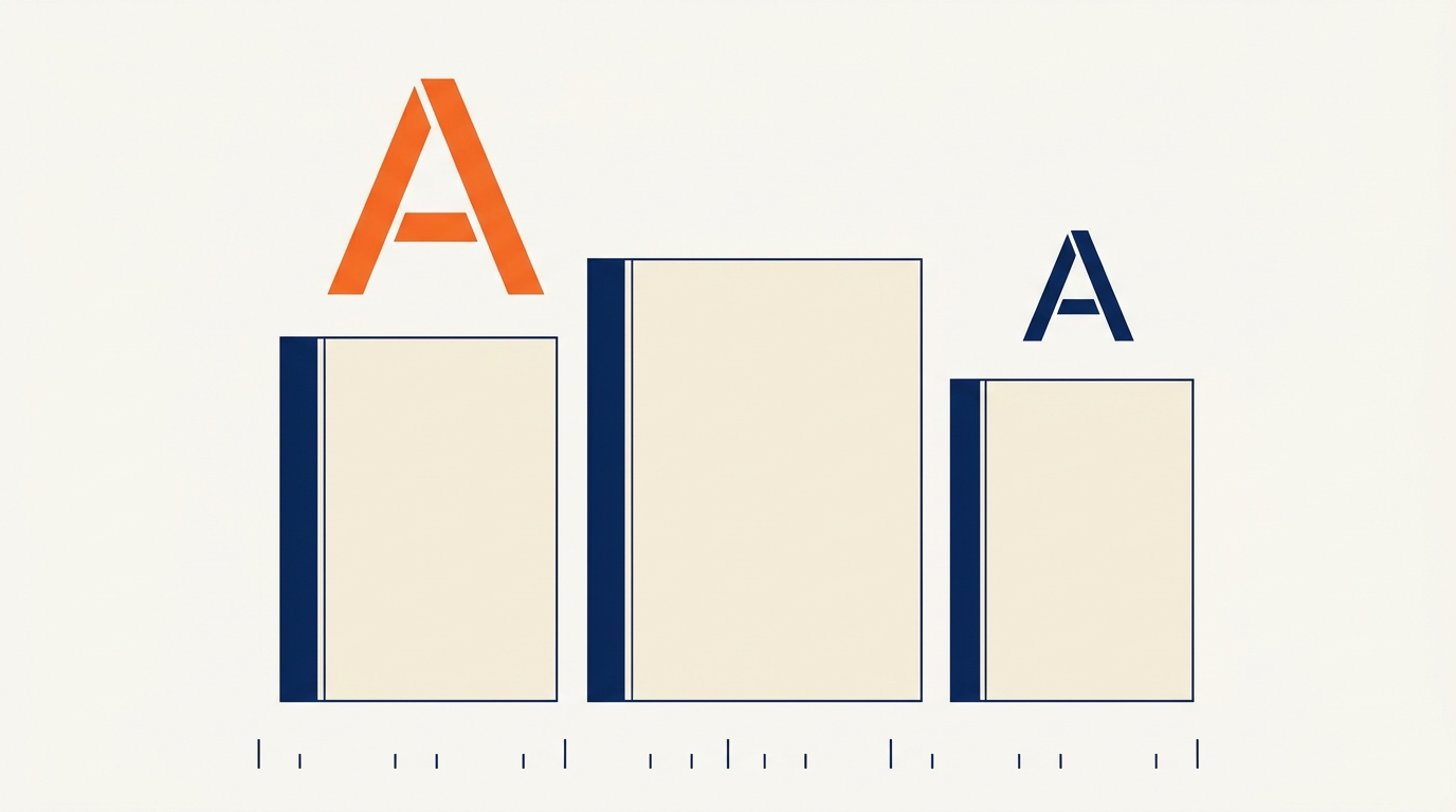 Illustration of three blank type specimen panels of different heights with a large orange letter A and a smaller navy letter A above them