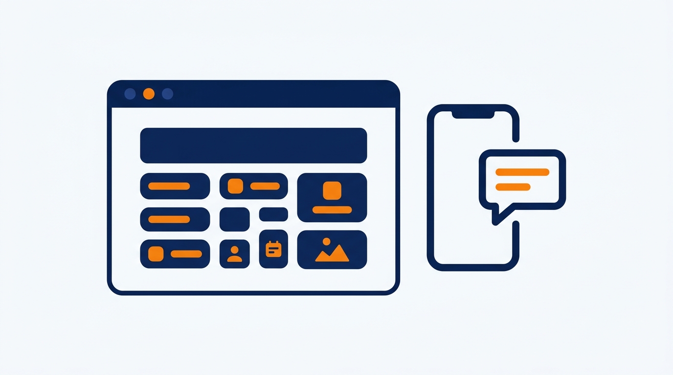 A flat illustration of a web browser window with practice-area blocks beside a smartphone and a chat bubble