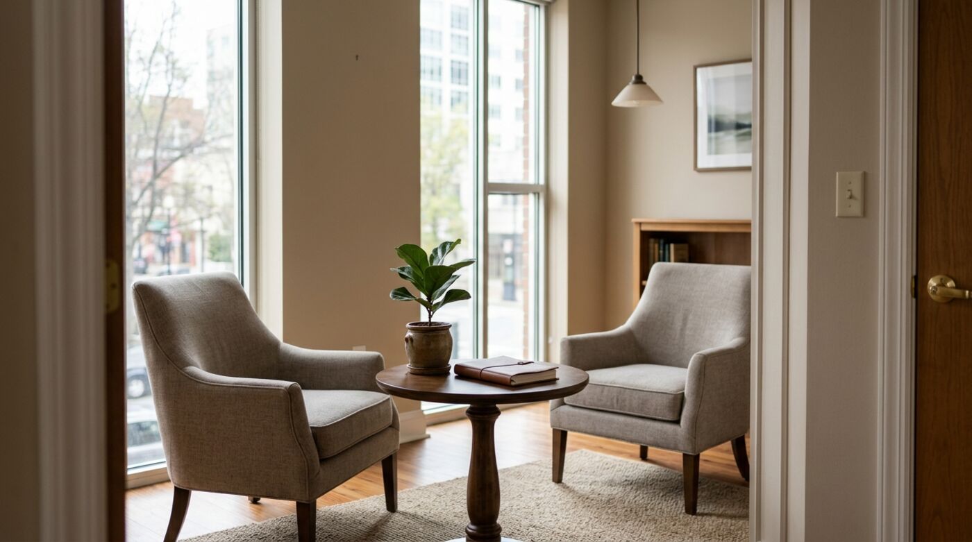 An empty law office consultation room with two chairs, a small table and a plant in soft daylight