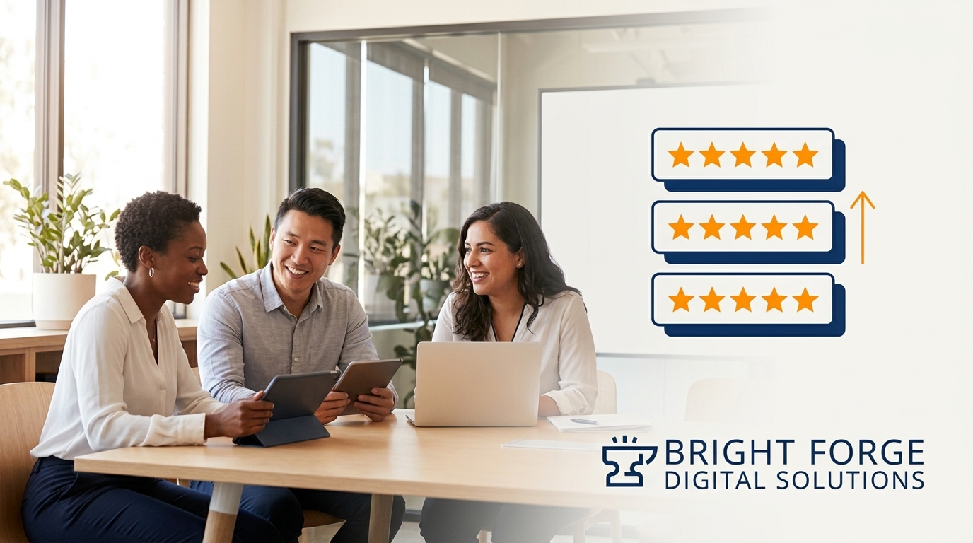 Stacked client review cards with five-star ratings trending upward