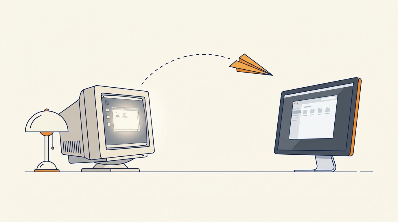 Migration from an old computer monitor to a new computer monitor carried by a paper airplane