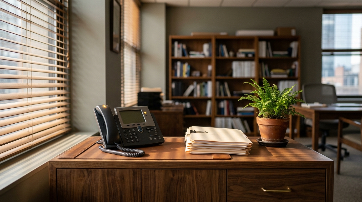 Traditional desk telephone softly lit in a quiet office with folders and a fern