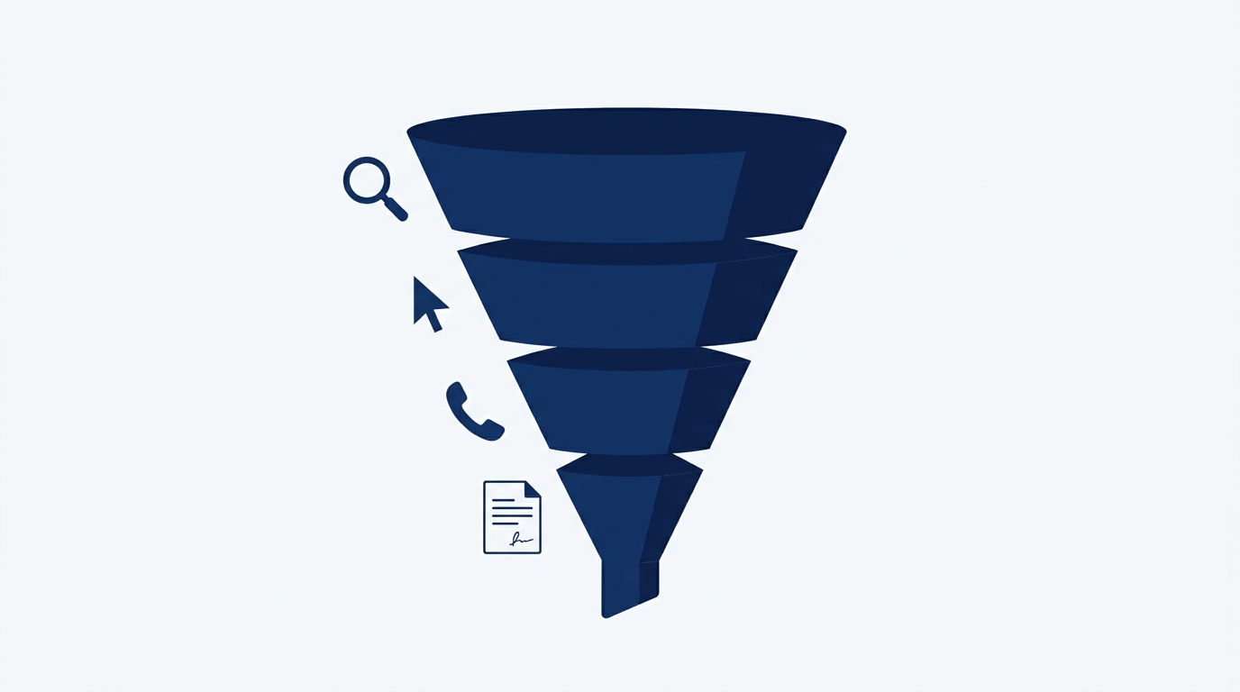 Illustration of a four-tier funnel: searches, visits, contacts, and signed clients