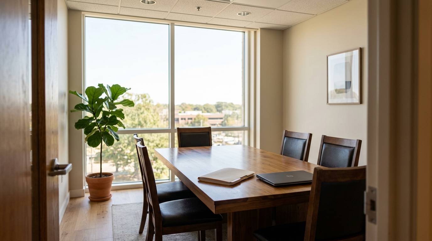 An empty law office conference room seen from the doorway, with a table, chairs and a closed laptop