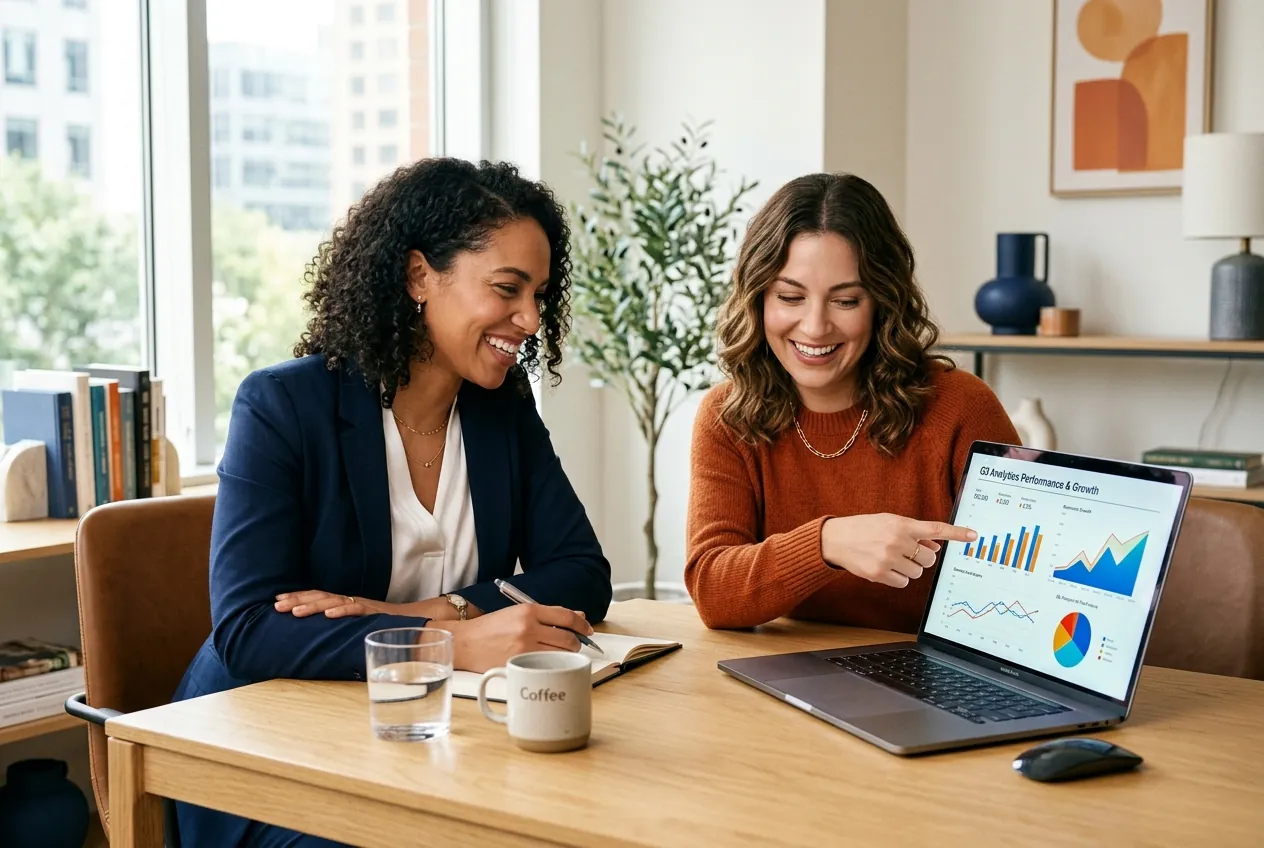 Attorney and marketing strategist reviewing results together