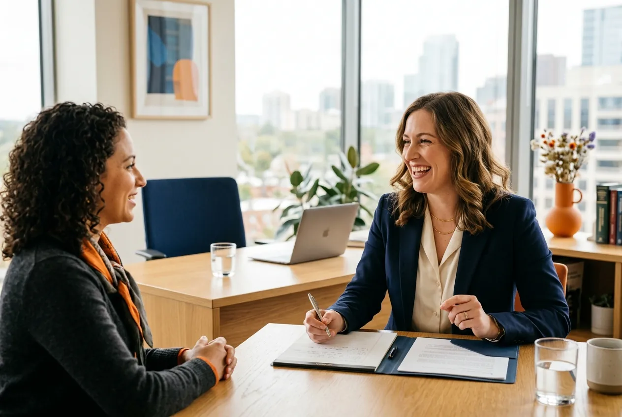 Attorney meeting with a prospective client across a consultation table