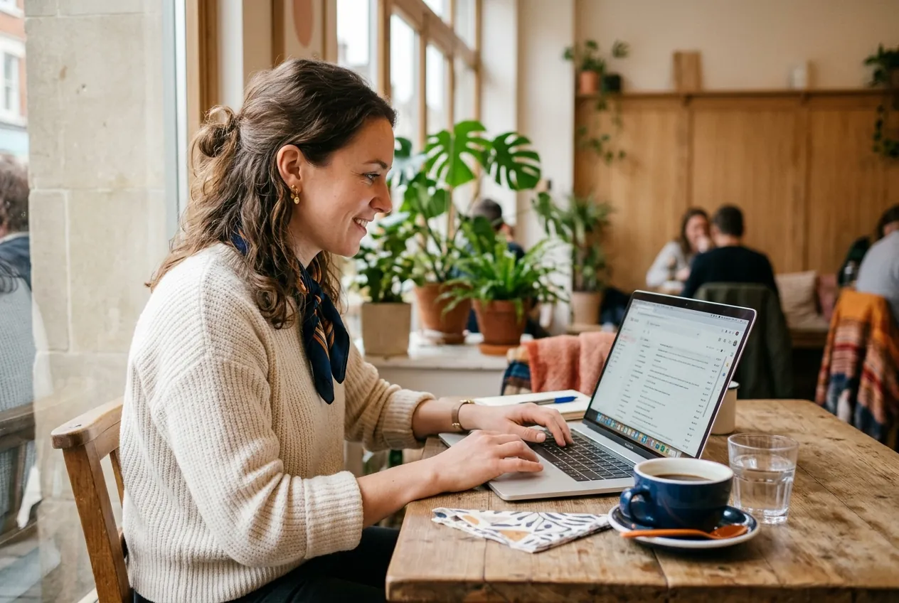Reviewing an email inbox on a laptop