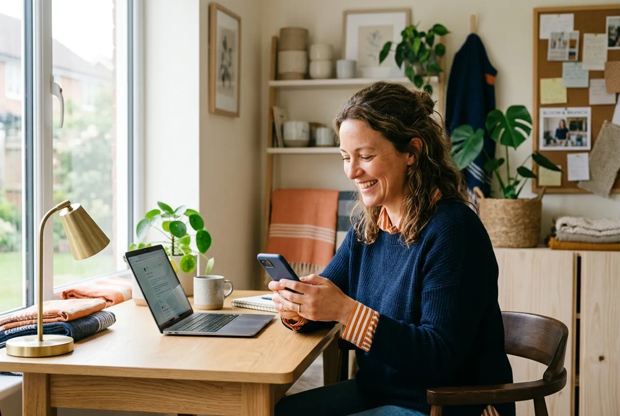Business owner reading a five-star review on a smartphone